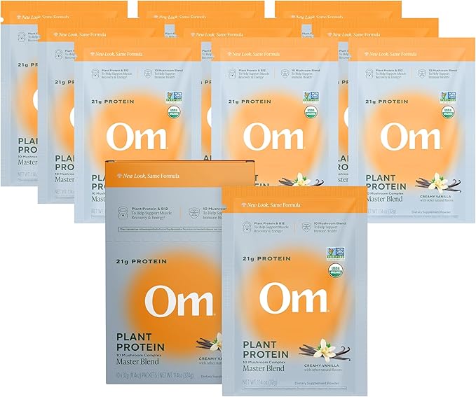 OM MUSHROOM SUPERFOOD Master Blend Vegan Protein – Organic Vanilla Plant Protein with 10 Mushrooms Ashwagandha BCAAs &amp B12 – Energy Recovery &amp Immune Support – 10 Single Serves