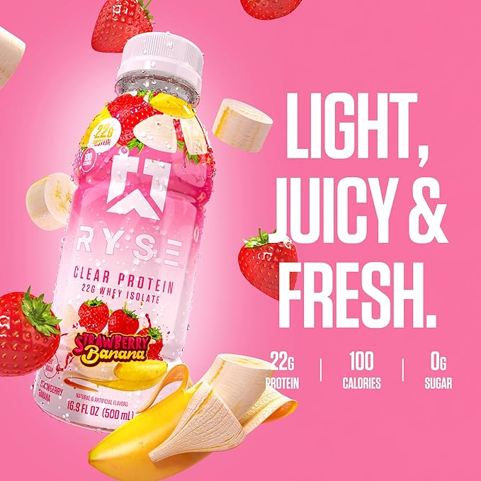 RYSE Clear Protein Drink - Strawberry Banana - 100 Calories 22g Whey Isolate Protein Shake Sugar-Free 0g Fat &amp Lactose-Free - Refreshing Ready-to-Drink Beverage - 16.9 fl oz Bottles (12-Pack)