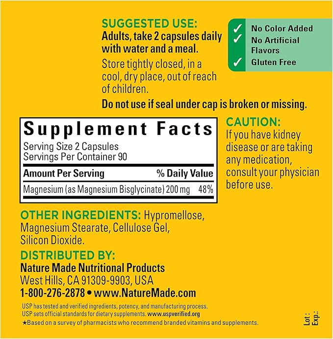 Nature Made Magnesium Glycinate 200 mg per serving Magnesium Supplement for Muscle Heart Nerve and Bone Support 180 Magnesium Bisglycinate Capsules 90 Day Supply