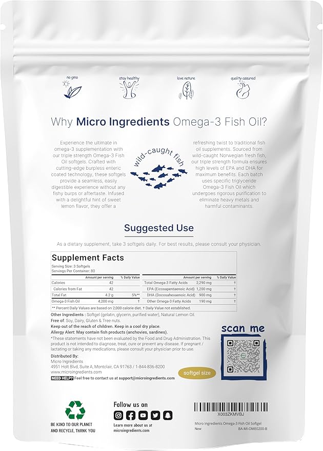Micro Ingredients Omega-3 Fish Oil 4200mg Softgels &amp L-Theanine 200mg Bundle 2 Pack | Wild-Caught Fish Burpless with Lemon Flavor | Amino Acid &amp Mineral Complex
