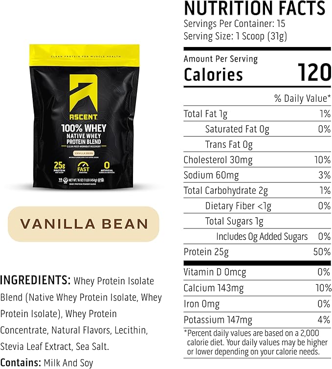 Ascent 100% Whey Protein Powder - Post Workout Whey Protein Isolate Zero Artificial Flavors &amp Sweeteners Gluten Free 5.5g BCAA 2.6g Leucine Essential Amino Acids Vanilla 1 lb
