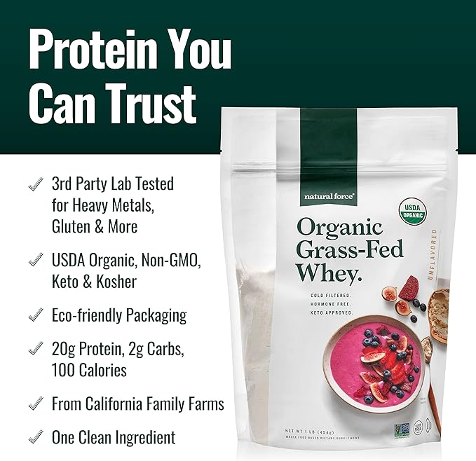 Natural Force Grass Fed Organic Whey Protein Powder - Non GMO Keto Friendly Low Carb Kosher - Lab Tested for Toxins - Pure &amp Unflavored - 16 oz.