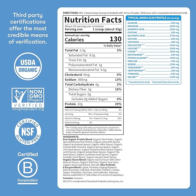 Garden of Life Protein Powder Vegan Protein Powder BCAA Probiotics &amp Digestive Enzymes Gluten &amp Lactose Free Vanilla 1.5 LB