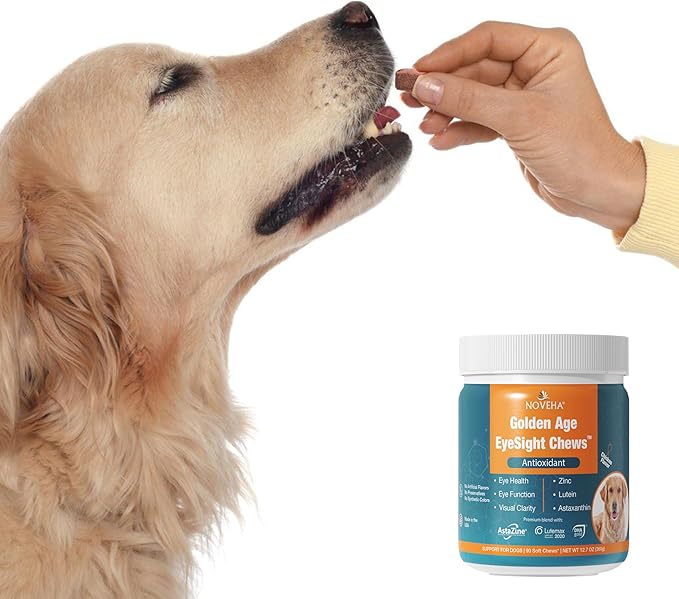 NOVEHA Eye Supplement for Dogs - Vision Support with Lutein + Vitamin C &amp Astaxanthin Antioxidants - Dog Vitamins for Eyes + Fish Oil for Omega 3 EPA - Made in USA - 90 Soft Chews (3 Pack)