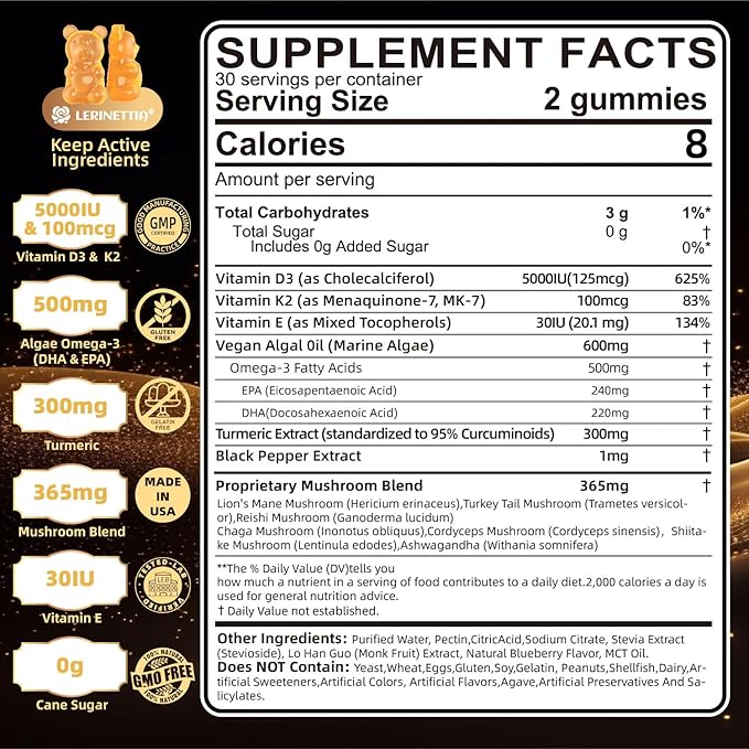 Vitamin D3 5000iu(125mcg) + Vitamin K2(MK7) Gummies with Algae Omega 3 | Maximum Strength Vitamin D3+K2 | for Bone Teeth Energy Immune Calcium Absorption - Vegan Sugar Free60Ct