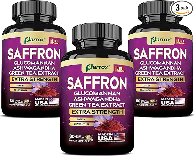 Saffron Supplement with Glucomannan Ashwagandha Green Tea Extract Zeaxanthin &amp Lutein Vision Support &amp Daily Wellness Formula Extra Strength Plant-Based Capsules 6 Month Supply (3 Pack)