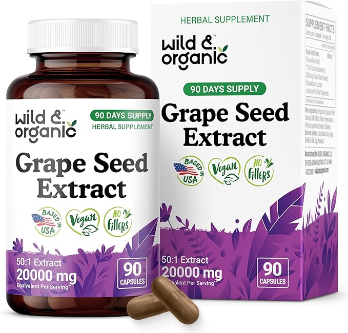 Wild &amp Organic Grape Seed Extract Capsules - 20000 mg Strength Grapeseed Extract Equivalent - 95% Polyphenols - 400 mg per Serving - 3 Month Supply - 90 Vegan Capsules - Non-GMO