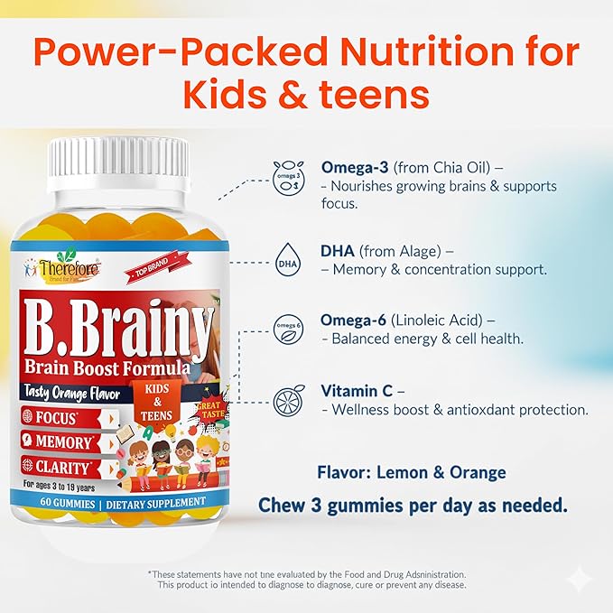 B.Brainy Focus Gummies for Kids &amp Teens Kids Focus and Attention Supplements Brain Focus Vitamins Vegan Omega 3 EPA/DHA Support Memory Clarity Concentration Low Sugar 60 Gummies