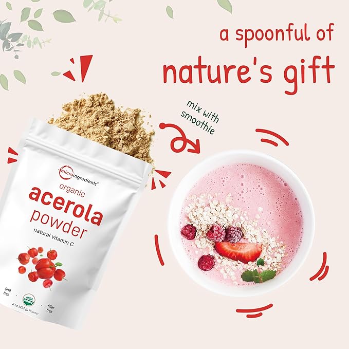 Organic Acerola Powder 8oz | Natural Organic Vitamin C Superfood | No Sugar &amp Additives | Great Flavor for Drinks Smoothie &amp Beverages | Non-GMO &amp Vegan Friendly Brazil Origin
