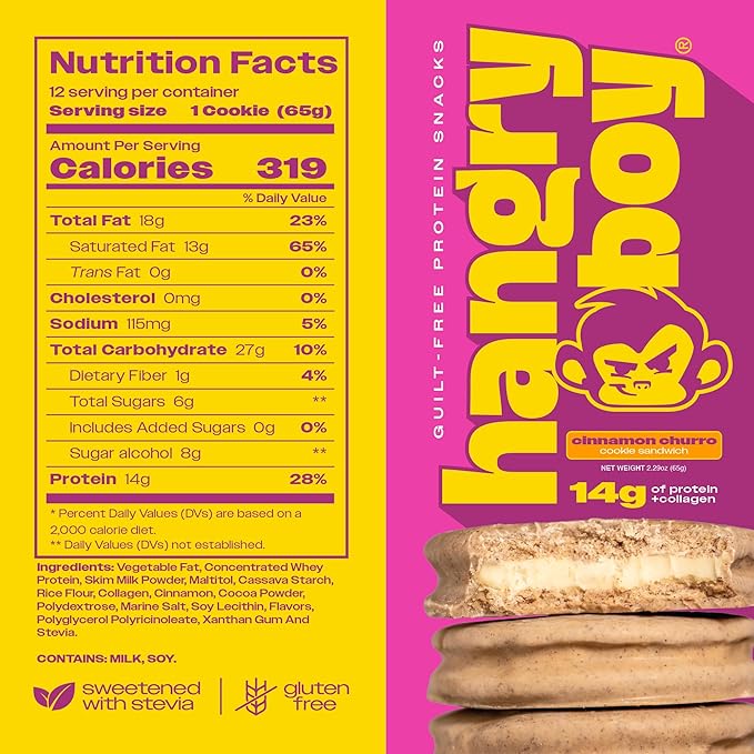Hangryboy Protein Cookie Sandwich – 14g High Protein Gluten‑Free GMO‑Free Cookies - Perfect on The Go Protein Snack Cinnamon Churro 12‑Count Box