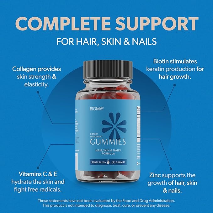 BIOMA Hair Skin &amp Nails Beauty Gummies - Supports Growth &amp Strength with Biotin Collagen Zinc &amp Vitamins C &amp D - Gluten-Free - 60 Gummies (30-Day Supply)