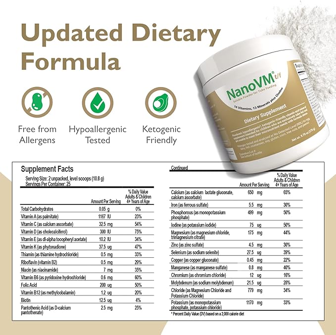 t/f Dietary Supplement for Tube Feeding Allergen-Free Kids Multivitamin Unflavored Vitamin Powder with 14 Vitamins &amp 13 Minerals Low-Carb Kids Vitamins 275g - Solace Nutrition