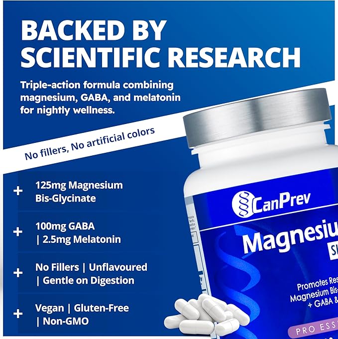 CanPrev Magnesium Bisglycinate Chelated + GABA &amp Melatonin 120 Veg Caps 120-Day Supply Support Restful Night Muscle Function Promote Relaxation &amp Balanced Sleep-Wake Cycle Vegan No GMO