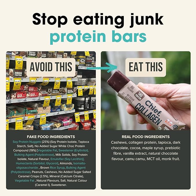 Chief Collagen Protein Bar Double Choc 100% Natural Ingredients Keto &amp Paleo Friendly Snack Gluten Free &amp Low Sugar 12 Pack