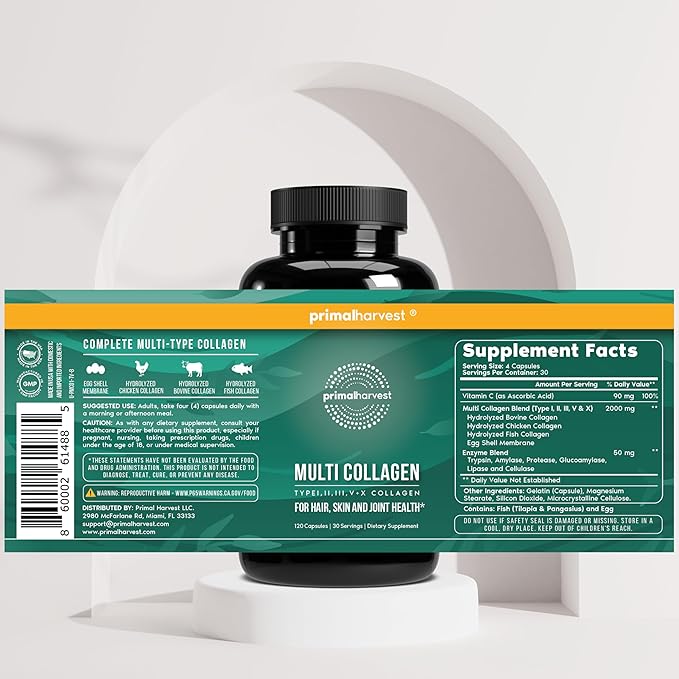 Primal Harvest Multi Collagen Pills for Women and Men (Type I II III V X) 120 Capsules w/Vitamin C for Hair Skin Nails