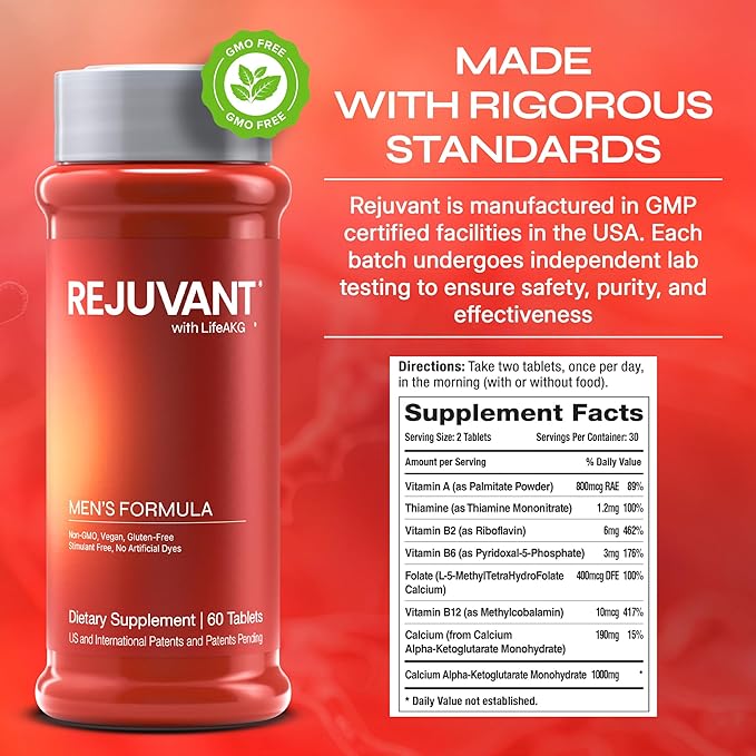 Rejuvant AKG Longevity Supplement 1000MG Ultra 98% Pure (Calcium Alpha-Ketoglutarate) New Formula Coated Tablets Patented Vitamin Rich Controlled Release Formula 60 Tablets