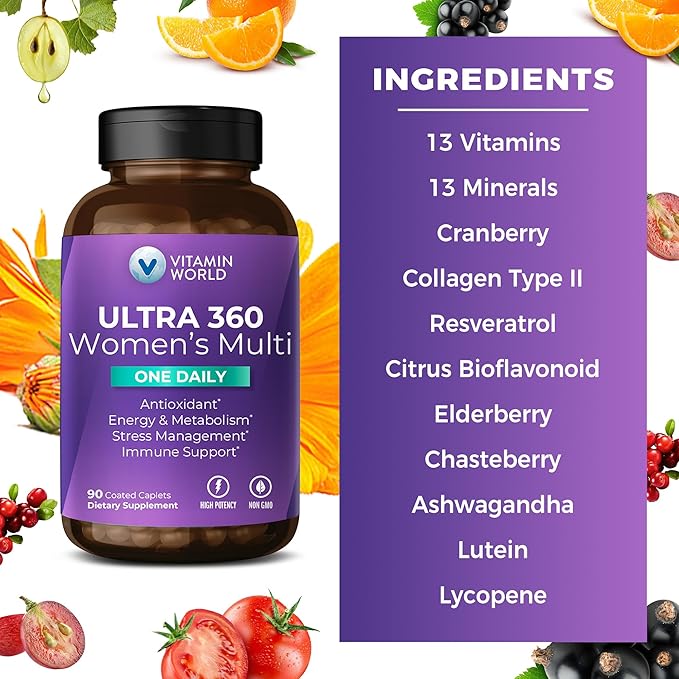 Vitamin World Ultra 360 Multivitamin for Women One Daily Women's Multivitamin with Collagen Ashwagandha &amp Antioxidants Supplement with Vitamin A B C &amp D for Energy &amp Immune Support 9