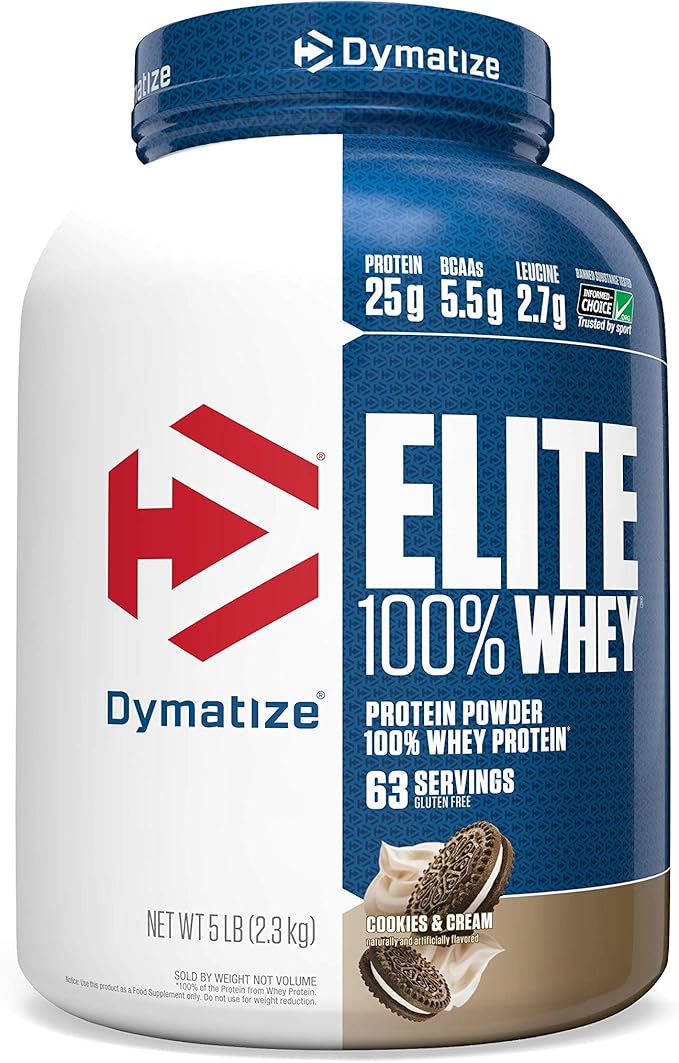 Dymatize Elite 100% Whey Protein Powder Cookies &amp Cream 25g of Protein 5.5g BCAAs Less Than 140 Cal. Gluten Free 2g Carb 2g Sugar 3g Fat (63 Servings)