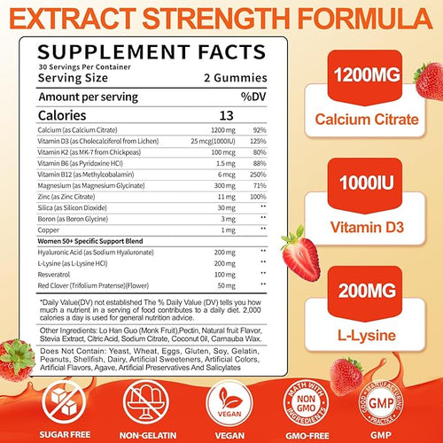 50+ Women’s Calcium Citrate Gummies: 1200mg Chewable Calcium Gummy Supplements Plus Magnesium Zinc Vitamin D3 K2 B12 B6 - Energy Immune Overall Health Support Vegan Sugar Free(120Count)