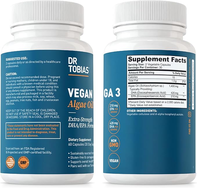 Dr. Tobias Vegan Omega 3 Algae Oil and Omega 3 Fish Oil 2 Options for Comprehensive Fatty Acid Support Non-GMO