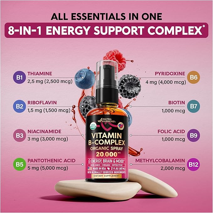 USDA Organic Vitamin B-Complex Liquid Spray 8-in-1 - B5 Pantothenic Acid | B12 Methylcobalamin | B1 Thiamine | B6 Pyridoxine | B7 Biotin | B9 Folic | B3 Niacinamide - Made in USA Supplement 2fl oz