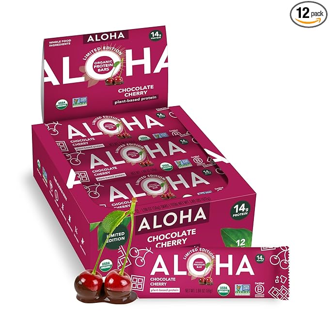 ALOHA Organic Plant Based Protein Bars - Chocolate Cherry - 12 Bars Vegan Low Sugar Gluten-Free Paleo Low Carb Non-GMO No Stevia No Erythritol