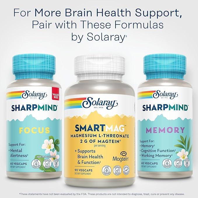 SOLARAY SmartMag Magtein Magnesium L-Threonate 2g - Magnesium Supplement for Brain Health Support - Mag Threonate Brain Supplement w/Clinically Studied Magtein - Vegan Gluten Free 30 Servings