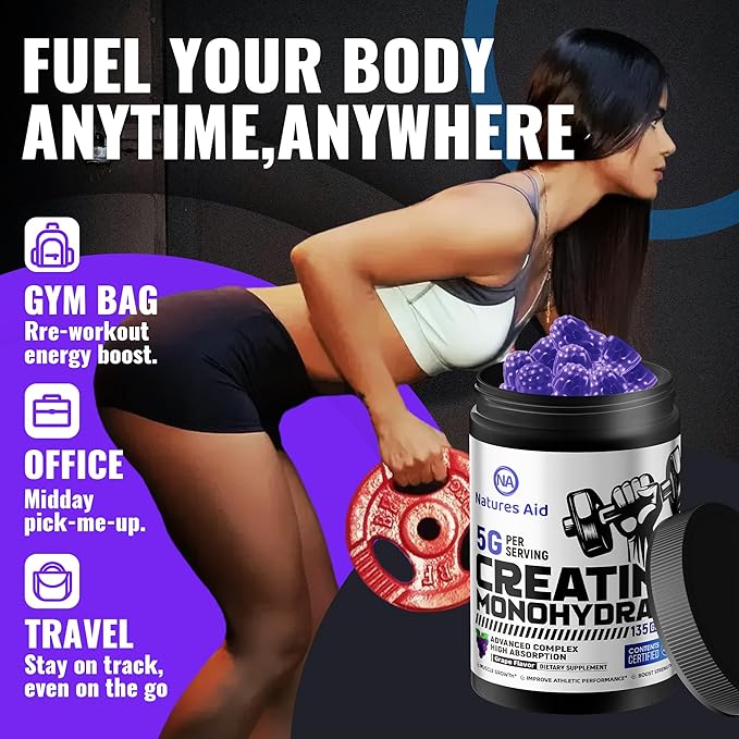 Creatine Monohydrate Gummies – Pre-Workout Energy &amp Muscle Growth Support for Men &amp Women | Grape Electrolyte Gummies (135 Count)
