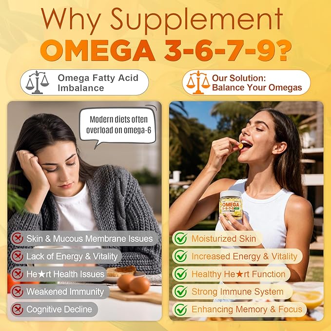 Omega 3-6-7-9 Gummies Organic Sea Buckthorn Oil 1200MG &amp Flaxseed Oil 500MG Vegan Omega 7 Supplement w/Vitamin A C E Fatty Acids No Fish Taste Supports Skin Eye Immune Brain Health 60 C
