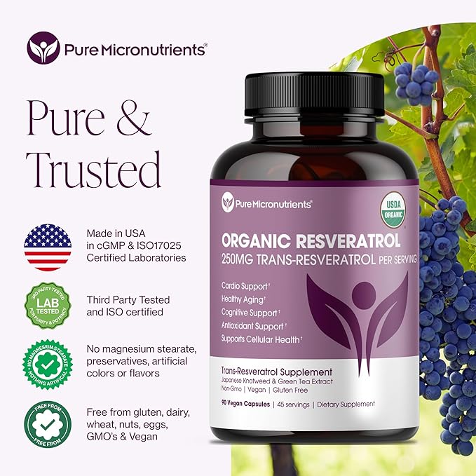 Organic Resveratrol Supplement – Trans-Resveratrol Capsules with Green Tea – Highly Purified &amp Bioavailable - 90 Vegan Caps