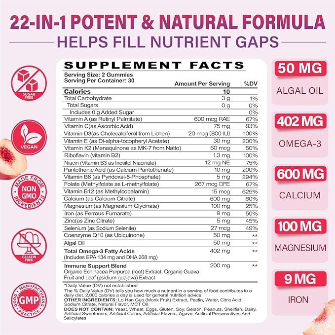 Multivitamin Gummies for Women 50 Plus - with Omega 3 Coenzyme Q10 Iron Calcium Zinc Vitamin A C D3 E K2 B Complex Folate - Multi Vitamins &amp Minerals for Energy Beauty Immune Sugar F