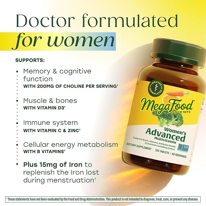 MegaFood Women's Advanced Multivitamin for Women - Doctor-Formulated With Iron Choline Vitamin D Vitamin C &amp Zinc - Brain Health - Immune Support - Non-GMO - Vegetarian - 120 Tabs (60 Servings)