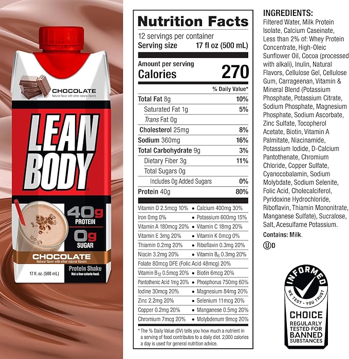 Labrada Lean Body Ready-to-Drink Chocolate Protein Shake 40g Protein Whey Blend 0 Sugar Gluten Free 22 Vitamins &amp Minerals LABRADA 17 Fl Oz (Pack of 12)