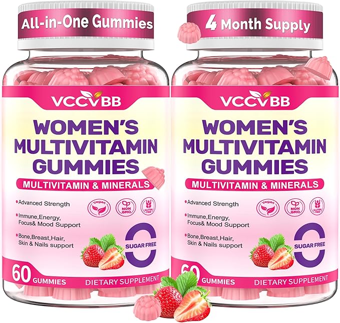 All-in-One Women's Multivitamin Gummies with Complete Vitamin &amp Mineral Complex Herbal Blends for Energy Overall Health High Potency Hair Skin and Nails Vitamins Strawberry Flavor 2 Pack