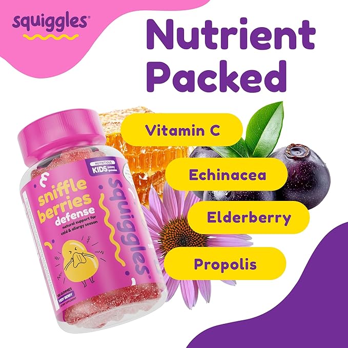 Squiggles Sniffle Berries Elderberry Gummies with Bee Propolis &amp Echinacea Kids Immune Booster Propolis Gummies for Health Toddler Vitamins for Immune Support Tasty Chewy Gummy (100 Count)