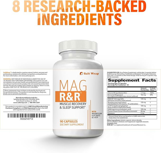 SaltWrap Mag R&ampR - Nighttime Muscle Cramps Support Natural Sleep Support for Adults with Magnesium Glycinate for Muscle Spasm and Leg Cramps Relief 90 Capsules
