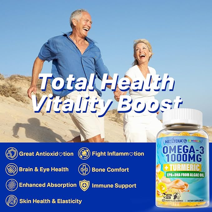 Vegan Omega-3 Gummies 1000mg + Turmeric - Omega 3 Fish Oil Alternative for Adults - Algae DHA 600mg &amp EPA 300mg Vitamins A C E Zinc &amp MSM Sugar Free 120 Cts