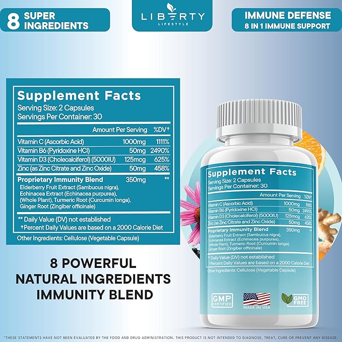8 in 1 Immune Supplement with Echinacea Vitamin C and Zinc 50mg Vitamin D 5000 IU Turmeric Curcumin &amp Ginger B6 Elderberry 180 Count (Pack of 3)