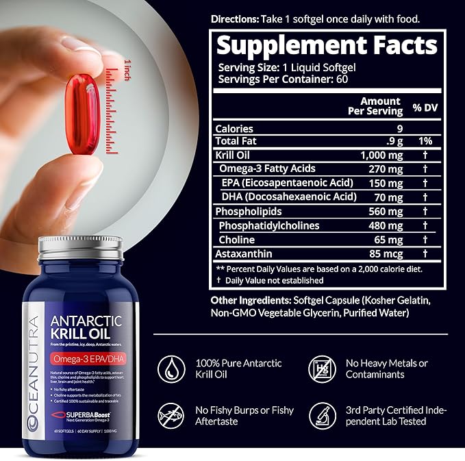 100% Pure Organic Krill Oil 1000mg 60-Day Omega 3 Supplement Highest Concentration 56% Phospholipids Wild Caught Sustainable Traceable Antarctic Omega 3 Astaxanthin Heart No Fish Oil