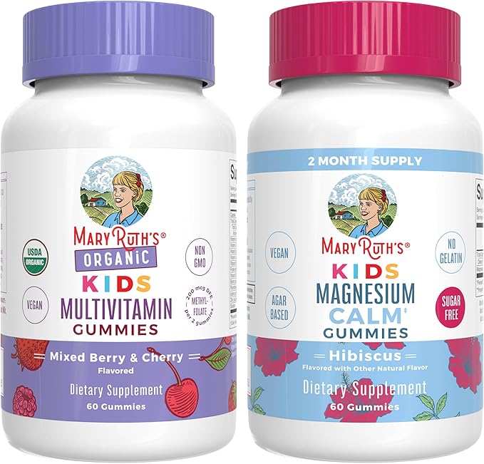 MaryRuth's Gummies for Kids–USDA Organic Multivitamin (Mixed Berry &amp Cherry) &amp Magnesium Calm (Hibiscus) | No Gelatin! | Vitamins for Immunity Gut Health &amp Overall Wellness | Vegan Non