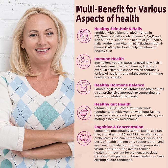 Multivitamin for Women Gummies for 40+ with Omega-3 Niacinamide B-Complex Lutein Iron Choline Phosphatidylserine Vitamin D3 - Vegan Sugar Free 60Count