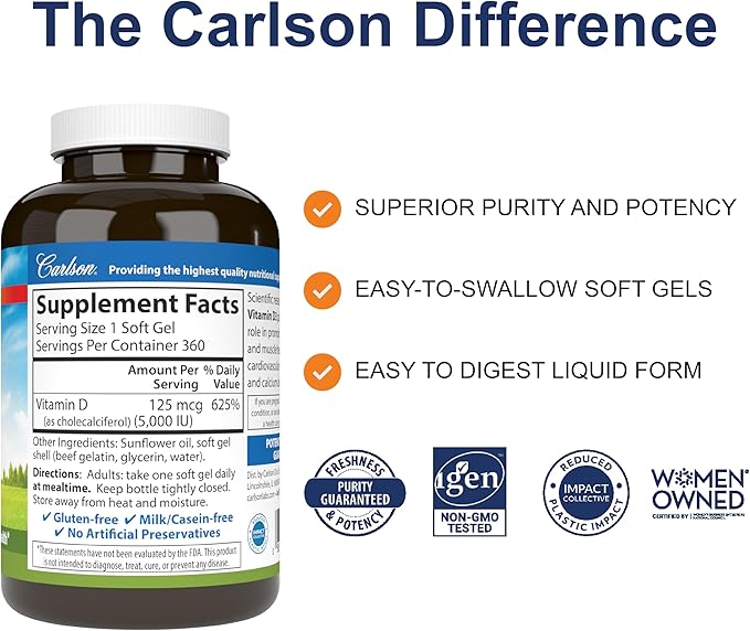 Carlson - Vitamin D3 5000 IU (125 mcg) Bone Health Muscle Health Cholecalciferol Vitamin D Supplements Vitamin D3 Soft Gels 360 Softgels