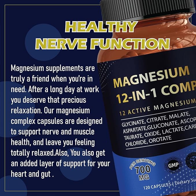 Puravita Magnesium Complex 700mg 12 in 1 Magnesium Supplement with Glycinate Citrate Malate &amp More | Easy Absorption Energy Support Vegan &amp Non-GMO | 120 Capsules (1pc)
