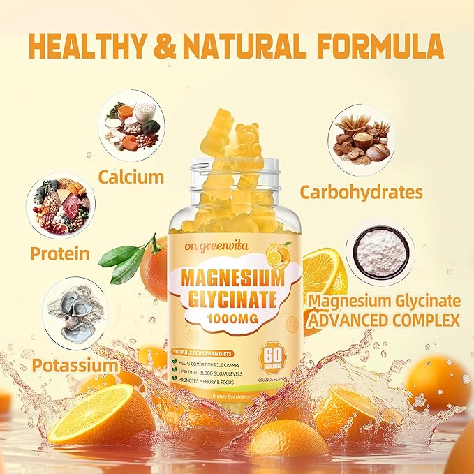 Magnesium Glycinate Gummies 1000mg - Sugar Free Magnesium Potassium Supplement with Vitamin D B6 CoQ10 for Calm Mood &amp Sleep Support - 120 Orange Gummies 2 Pack