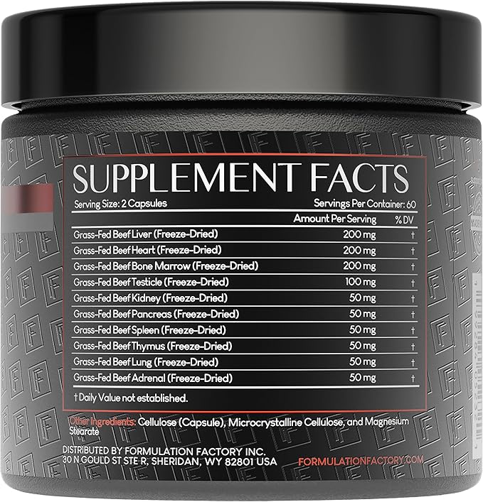 Formulation Factory Beef Liver Capsules - 10-in-1 Primal Powder Beef Organ Supplement for Men &amp Women with Bone Marrow &amp Beef Testicle - Grass Fed Ancestral Health - 120 Capsules 2 Month Supp