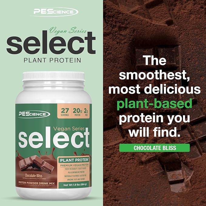 PEScience Select Vegan Protein Powder Plant Based Protein Powder Amazing Taste Smooth Texture Pea and Brown Rice Blend Dairy Free Lactose Free Gluten Free - Chocolate Bliss 27 Servings
