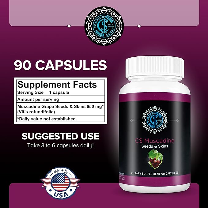 Common Sense Wellness Worldwide Commonsense Pure Muscadine Grape Seed and Skin Extract Capsules - Powerful Antioxidants for Heart Health and Boosting Your Immune System - 90 Capsules.