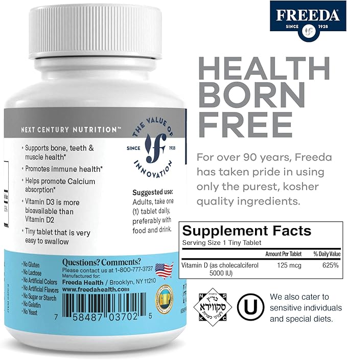FREEDA Vitamin D3-5000 IU - Pure High Potency Kosher Supplement Tablets - Bone and Muscle Health Calcium Absorption Immune Support for Men and Women* - 250 Count