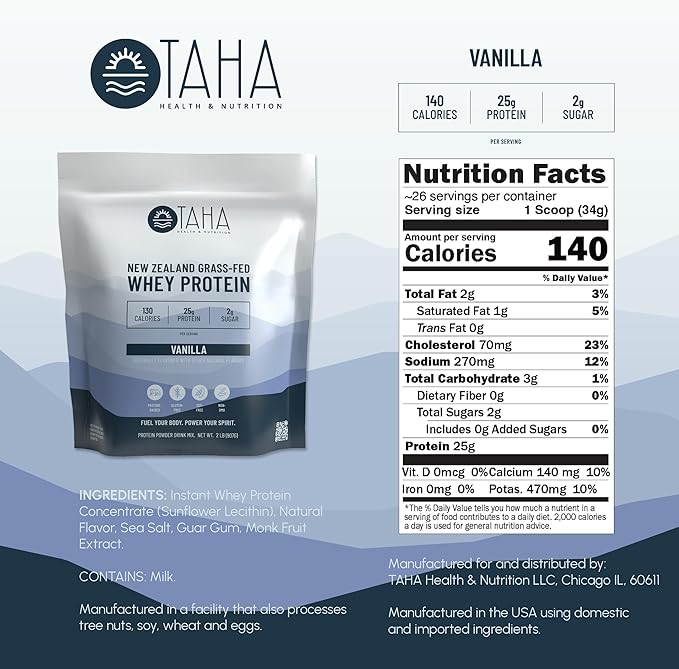 Taha Health &amp Nutrition Vanilla Flavored Whey Protein Concentrate Powder 25g Protein 140 Calories 2g Sugar | New Zealand Grass-Fed Free-Range Dairy | Gluten and Soy Free Keto Kosher | 2LB