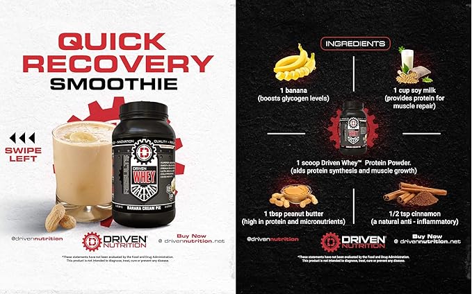 Driven WHEY- Grass Fed Whey Protein Powder: Delicious Clean Protein Shake- Improve Muscle Recovery with 23 Grams of Protein with Added BCAA and Digestive Enzymes (2 lb Cinnamon Roll)